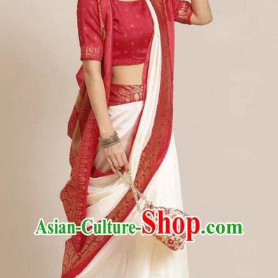 Indian Ladies Wrap Skirt Sari Featured Saree Off White Silk Jacquard Festive Outfit