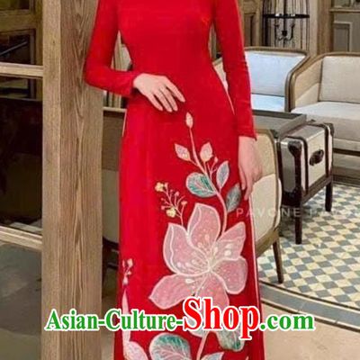 Red Embroidered Vietnamese Ao Daijing Ethnic Style Slit Skirt Retro Suit
