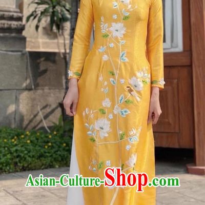 Yellow Embroidered Ao Dai Improved Version Of Cheongsam Etiquette Model Catwalk Costume Stage Performance