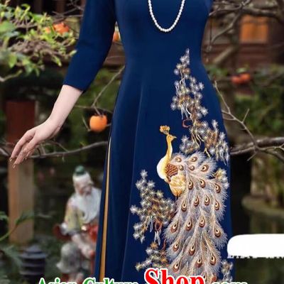Peacock Embroidery Navy Blue Vietnamese Ao Daijing Ethnic Costume Ethnic Stage Classical Cheongsam