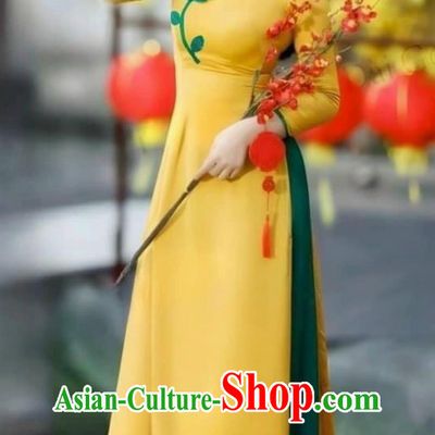Embroidered Color Block Vietnamese Ao Daijing Costume Women Ethnic Style Slit Skirt Retro Suit