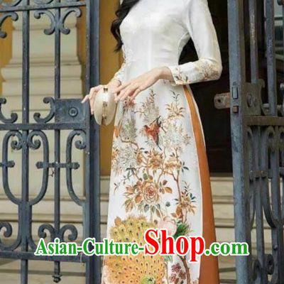 Vietnamese Ao Dai Ethnic Style Ao Dai Cheongsam Dress For Women Chinese Style Retro Peacock Skirt