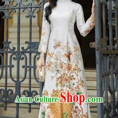 Vietnamese Ao Dai Ethnic Style Ao Dai Cheongsam Dress For Women Chinese Style Retro Peacock Skirt