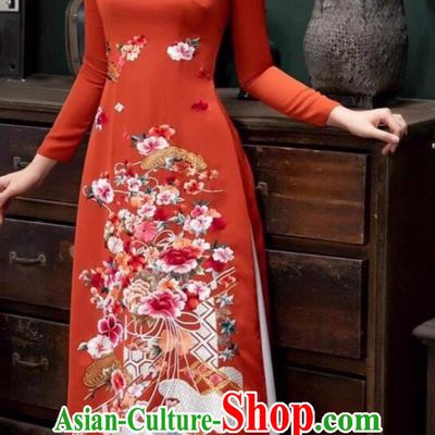 Vietnamese Ao Dai Stage Performance Clothing Embroidered Red Pattern Ceremonial Clothing