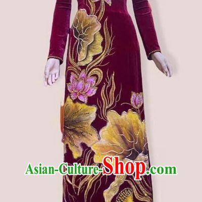 Gold Velvet Hand Painted Ao Dai Improved Version Of Cheongsam With Lotus Pattern Cheongsam Performance Costume Stage Costume