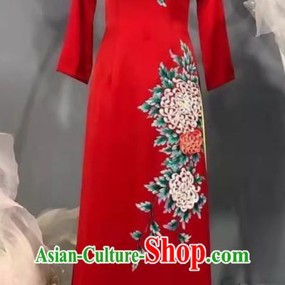 Long Skirt Solid Color Long Sleeves Vietnamese Ao Dai Cheongsam Hand Painted Stage Outfit