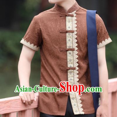 Dai Traditional Men Top Spring And Summer Short Sleeved Daily Brown Shirt