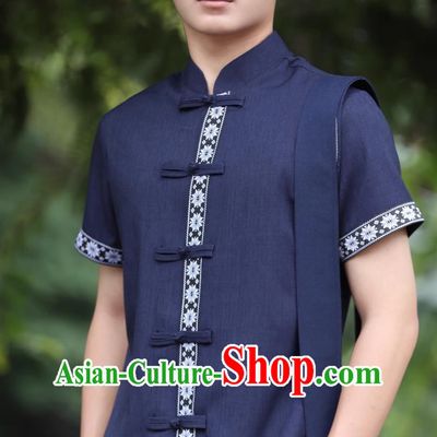 Navy Blue Dai Men Tops Short Sleeved Button Down Shirt Daily Wear
