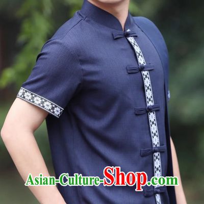 Navy Blue Dai Men Tops Short Sleeved Button Down Shirt Daily Wear
