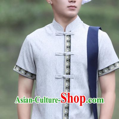 Gray Dai Men Tops Short Sleeved Button Down Shirt Daily Wear