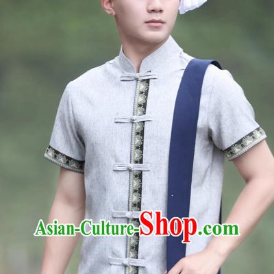 Gray Dai Men Tops Short Sleeved Button Down Shirt Daily Wear