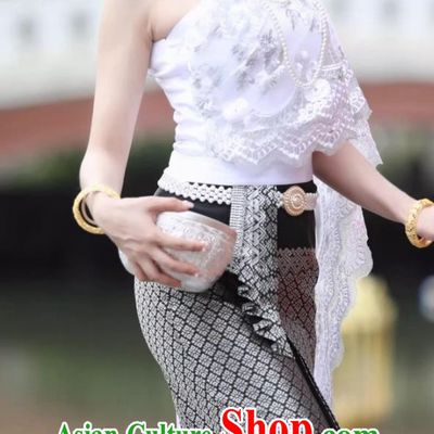 Thai Traditional Clothing Women Suit Oblique One Shoulder Thai Skirt Large Veil