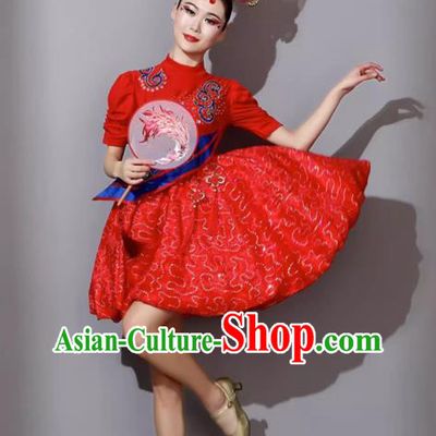 Waist Drum Costume Chinese Drum Dance Performance Clothing Female Fluffy Short Red Dress