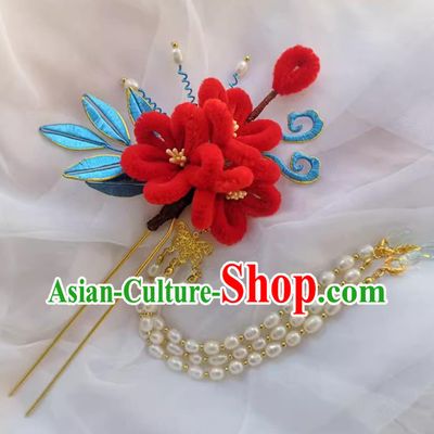 Handmade Velvet Flower Hairpin Wrapped Flowers Hanfu Hair Stick Chinese Pearl Tassel Bu Yao Step Shaking Headpiece Hair Jewelry