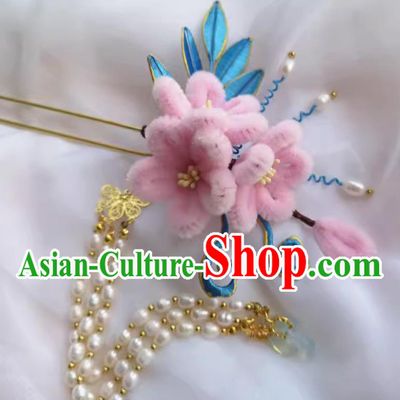 Chinese Pearl Tassel Bu Yao Step Shaking Headpiece Handmade Hair Jewelry Pink Velvet Flower Hairpin Wrapped Flowers Hanfu Hair Stick
