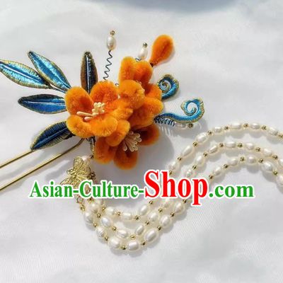 Handmade Hair Jewelry Orange Velvet Flower Hairpin Wrapped Flowers Hanfu Hair Stick Chinese Pearl Tassel Bu Yao Step Shaking Headpiece