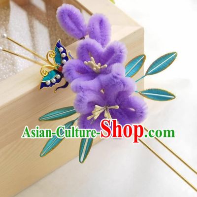 Handmade Hair Jewelry Chinese Hanfu Purple Velvet Flower Hairpin Wrapped Plum Blossom Hair Stick Traditional Headpiece
