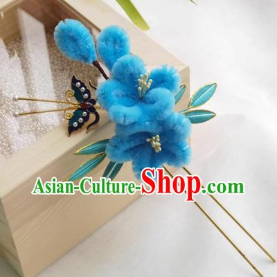 Traditional Headpiece Handmade Hair Jewelry Chinese Hanfu Blue Velvet Flower Hairpin Wrapped Plum Blossom Hair Stick
