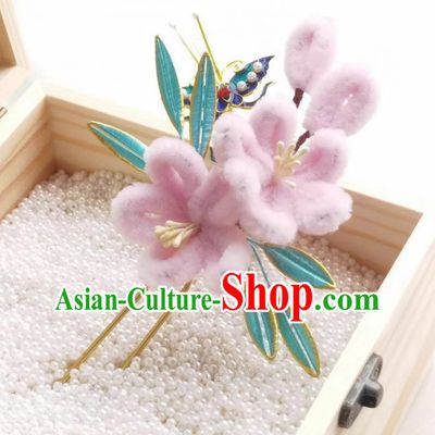 Wrapped Plum Blossom Hair Stick Traditional Headpiece Handmade Hair Jewelry Chinese Hanfu Pink Velvet Flower Hairpin
