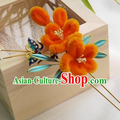 Chinese Hanfu Orange Velvet Flower Hairpin Wrapped Plum Blossom Hair Stick Traditional Headpiece Handmade Hair Jewelry