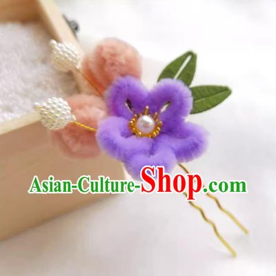Chinese Handmade Hair Jewelry Hanfu Velvet Flower Hairpin Purple Wrapped Plum Blossom Hair Stick Traditional Headpiece