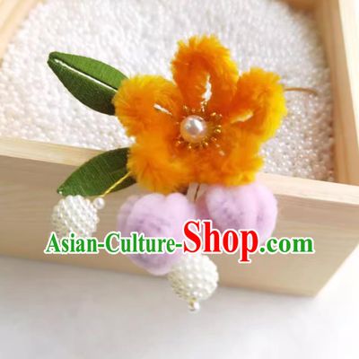 Chinese Traditional Headpiece Handmade Hair Jewelry Hanfu Velvet Flower Hairpin Orange Wrapped Plum Blossom Hair Stick