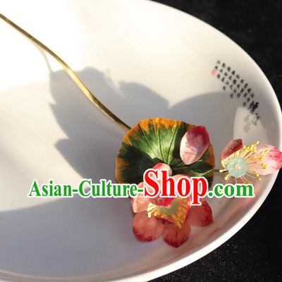 Intangible Cultural Heritage Handmade Silk Velvet Lotus Flower Hairpin Chinese Hanfu Qipao Hair Jewelry Traditional Hair Stick