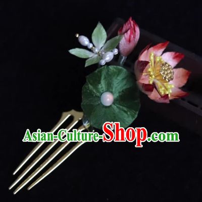 Traditional Hair Comb Intangible Cultural Heritage Handmade Silk Velvet Lotus Flower Hairpin Chinese Hanfu Qipao Hair Jewelry