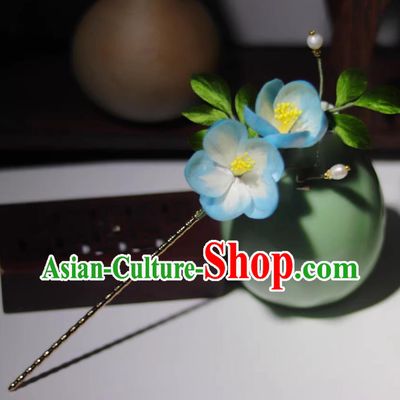 Chinese Qipao Ancient Hair Jewelry Intangible Cultural Heritage Silk Velvet Flower Hair Stick Handmade Blue Plum Hairpin Hanfu Headwear