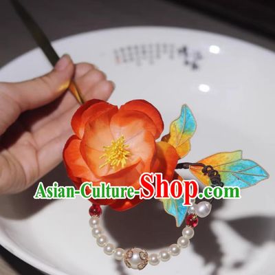 Intangible Cultural Heritage Silk Velvet Flower Hair Stick Handmade Camellia Hairpin Chinese Hanfu Headwear Qipao Ancient Hair Jewelry