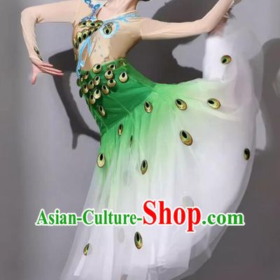 Green China Yunnan Ethnic Minority Cucurbit Flute Performance Clothing Woman Peacock Dance Dress Dai Ethnic Dance Costume