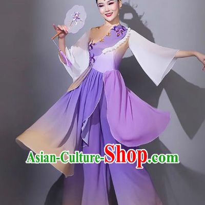 Classical Dance Performance Attire Chinese Woman Solo Dance Purple Outfit Yangge Dance Costume Art Examination Fan Dance Costume