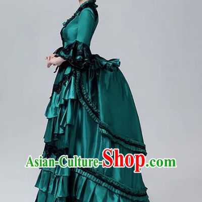 Rococo Runway Show Outfit Drama Photo Shoot Clothing European Court Dress Medieval Retro Dark Green Costume