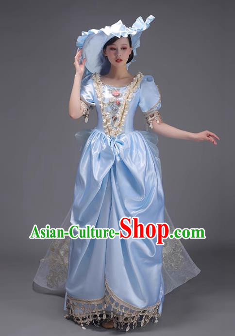 European Runway Show Clothing Court Costume Royal Aristocrats Medieval Retro Princess Blue Taildress European Runway Show Clothing Court Costume Royal Aristocrats Medieval Retro Princess Blue Taildress