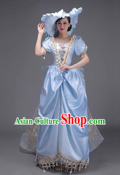 European Runway Show Clothing Court Costume Royal Aristocrats Medieval Retro Princess Blue Taildress European Runway Show Clothing Court Costume Royal Aristocrats Medieval Retro Princess Blue Taildress