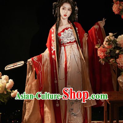 Twelve Flower Goddess Hanfu China Tang Dynasty Wedding Costume Red Hezi Qun Red Embroidered Large Sleeve Attire Ancient Chinese Princess Peony Clothing