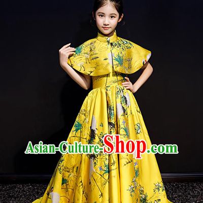 Chinese Style Children Costume Top Girl Model Runway Princess Dress Long Tail Dress Birthday Performance Clothing