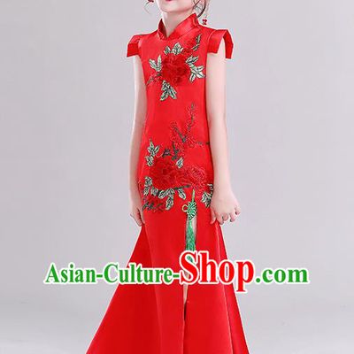 Children Clothing Chinese Style Girl Qipao Model Walking Show Fishtail Dress Host Playing Guzheng Red Performance Costume