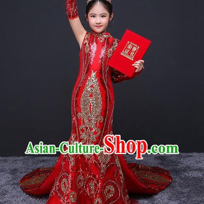 Red Children Dress Top Model Runway Evening Dress Sequined Fish Tail Costume China Spring Festival Gala Performance Clothing