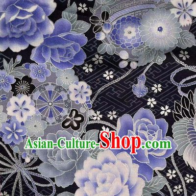 Black Traditional Japanese Fabric Classical Peony Crane Pattern Fabric