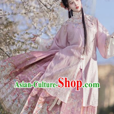 Traditional Ming Dynasty Princess Hanfu China Pink Long Shirt and Mamian Qun Ancient Chinese Female Costumes
