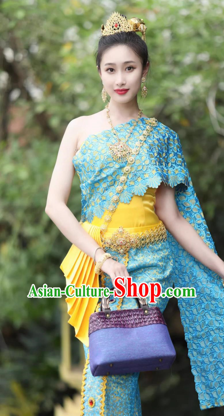 Thai Clothing Women Set Thailand Traditional Embroidered Costume Blue Uniform Thai Clothing Women Set Thailand Traditional Embroidered Costume Blue Uniform