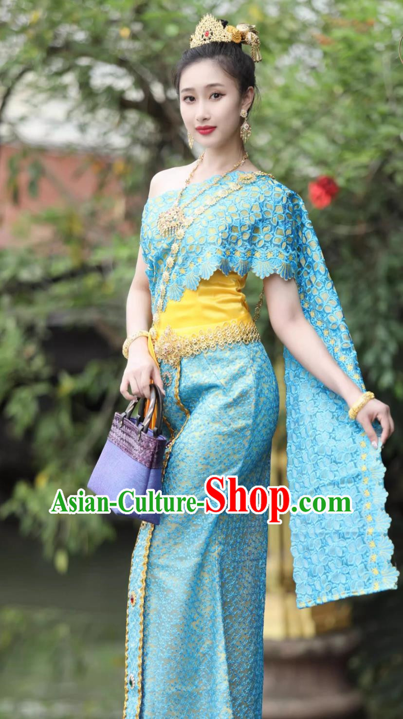 Thai Clothing Women Set Thailand Traditional Embroidered Costume Blue Uniform Thai Clothing Women Set Thailand Traditional Embroidered Costume Blue Uniform