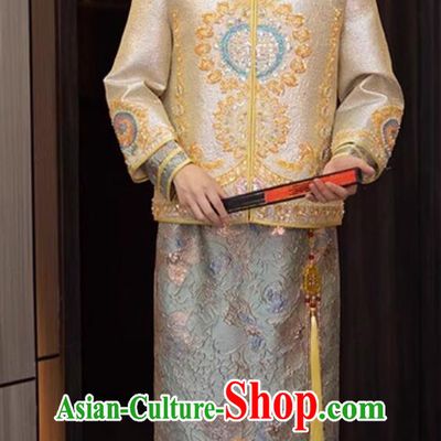 Chinese Traditional Wedding Attire Groom Mandarin Jacket and Long Gown Complete Set