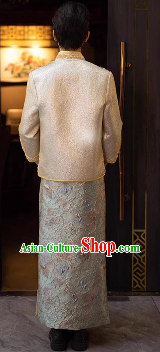 Chinese Traditional Wedding Attire Groom Mandarin Jacket and Long Gown Complete Set Chinese Traditional Wedding Attire Groom Mandarin Jacket and Long Gown Complete Set