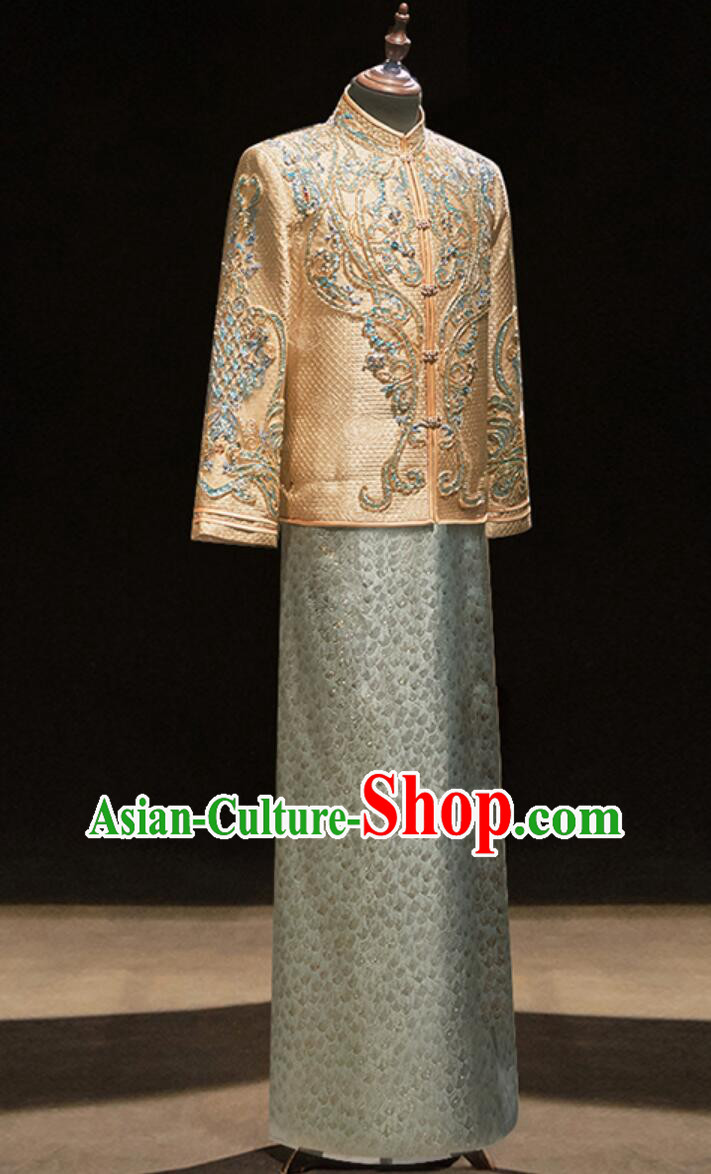 Chinese Groom Mandarin Jacket and Long Gown Traditional Wedding Attire Complete Set Chinese Groom Mandarin Jacket and Long Gown Traditional Wedding Attire Complete Set