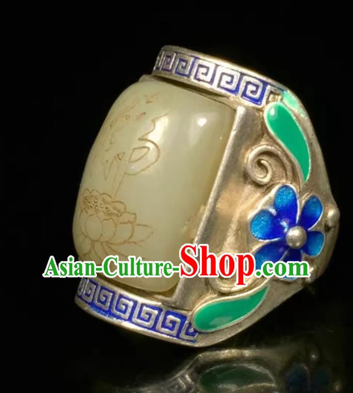 Chinese Qing Dynasty Jade Carving Ring Ancient China Classic Jewelry Silver Finger Ring Chinese Qing Dynasty Jade Carving Ring Ancient China Classic Jewelry Silver Finger Ring