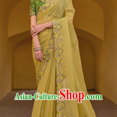 Indian Traditional Festival Fashion Women Embroidered Yellow Sari Dress India National Clothing