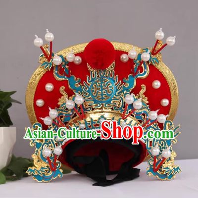 Red Handmade Magic Show Marshal Helmet China Sichuan Opera Face Changing Hat Bian Lian Performance Headwear