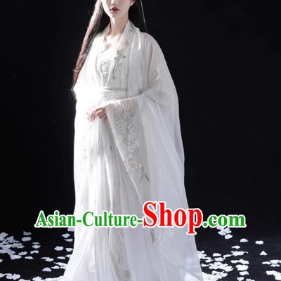 China Wuxia Swordswoman Clothing Ancient Super Heroine Costume Traditional White Hanfu Dress